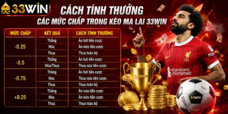 Kèo ma lai 33Win – Hướng dẫn đọc và đặt cược hiệu quả nhất 2026 3 Cách tính thưởng các mức chấp trong kèo ma lai 33Win